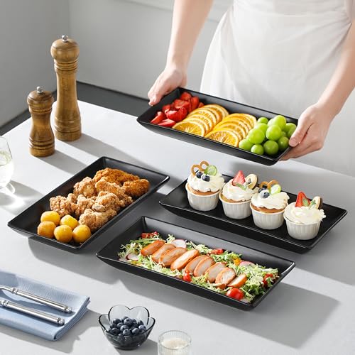 MALACASA 3 Tier Serving Tray, Stoneware Tiered Serving Trays Platters, 12 Inch Serving Stand with Platters, Black Dessert Stand Food Display Stand with Collapsible Sturdier Metal Rack, Series PLAT