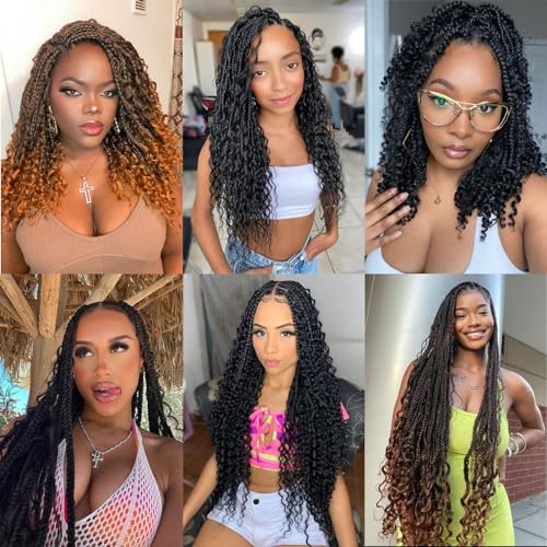 Coolbeeza 10 Inch 8 Packs Goddess Box Braids Crochet Hair with Curly Ends Bohemian Box Braids Boho Crochet Braids Soft Net Synthetic Pre Looped Hair Extensions for Women Kids(1B)