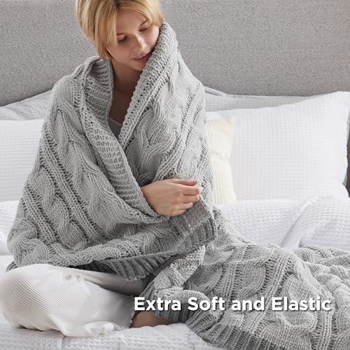 Bedsure Cable Knitted Throw Blanket for Couch, Chenille Chunky Knit Throw Blanket - Soft and Cozy Beige Throw Blanket for Winter, Throw (50" x 60")