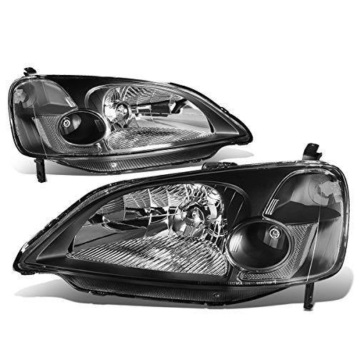 DNA MOTORING HL-OH-HC01-BK-AM Black Amber Headlights Replacement Compatible with 01-03 Honda Civic