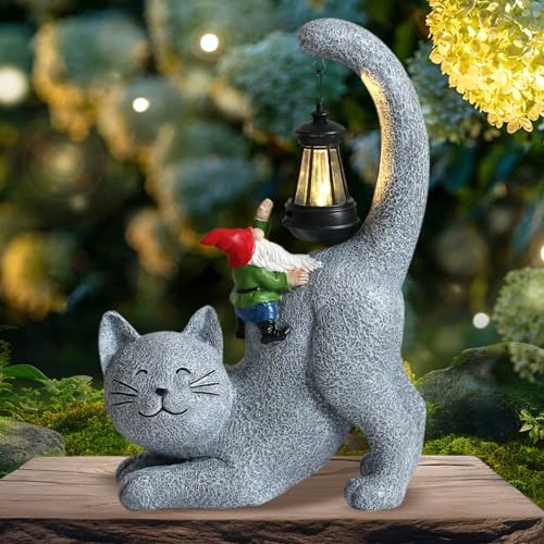 Snowrabbit Cat Statue Garden Decor with LED Lantern, Solar Cat Figurine for Outside -11" Tall Resin Kitten Yard Art Gifts for Mom,Birthday Gift for Women,Cat Statues for Garden,Patio,Yard Decoration