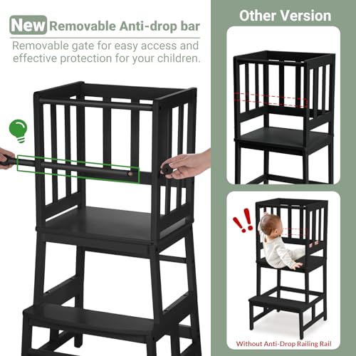 COSYLAND Kids Kitchen Step Stool Helper Baby and Toddler Multi-Function Step up Nursery Helper Stand with Safety Rail in Natural Bamboo, Strong and Lightweight (Black)