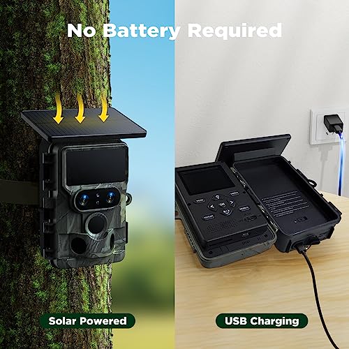 VOOPEAK Trail Camera Solar Powered, Dual Lens 60MP 4K 30FPS Bluetooth Game Camera with Starlight Night Vision, IMX458 Sensors Trail Camera 0.1S Trigger IP66 Waterproof for Outdoor Wildlife Monitoring