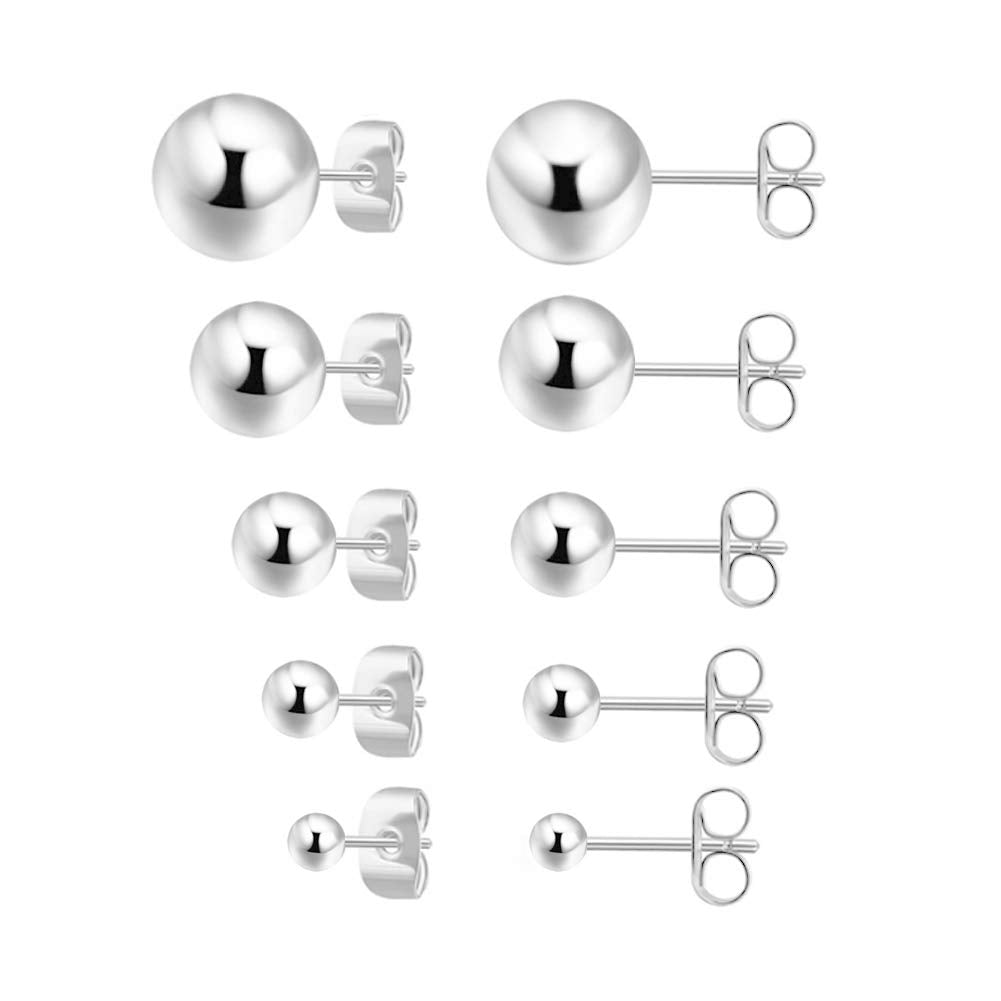 925 Sterling Silver Stud Earrings for Women, Sterling Silver Earrings Tiny Stud Earrings for Multiple Piercings 5 Pairs Different Sizes Stud Earrings Set 2mm 3mm 4mm 5mm 6mm