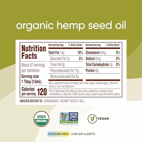 Nutiva Organic Cold-Pressed Unrefined Raw Hemp Seed Oil, 24 Ounce, USDA Organic, Non-GMO, Whole 30 Approved, Vegan, Gluten-Free & Keto, Rich In Omega 3 & 6 Fatty Acids