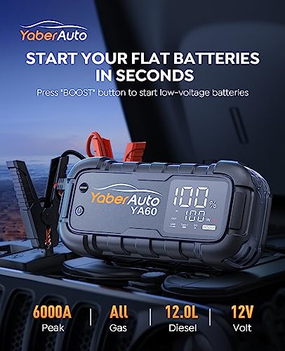 YaberAuto Car Battery Jump Starter 6000A Jump Box 45W Fast Charging (All Gas/12.0L Diesel) Portable Car Jump Starter Battery Pack, Car Battery Jumper with Extended Jumper Cables, 600 Lumens Light