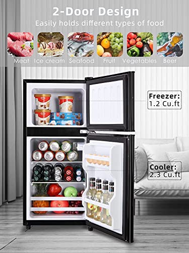 KRIB BLING Refrigerator with Freezer 3.5 Cu.Ft with 7 Level Adjustable Thermostat Control 2 Door Energy Saving Top-Freezer Compact Refrigerator Black