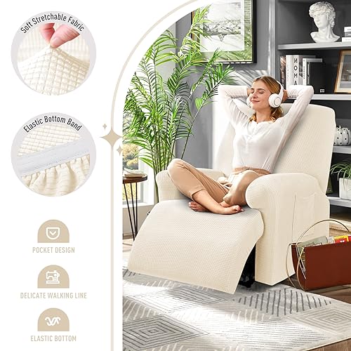 TAOCOCO Recliner Cover 4-Pieces, Recliner Stretch Sofa Slipcover Recliner Cover 1 Seat Couch Protector Soft Furniture Protector Covers with Elastic Chair Covers Jacquard Pattern Pale Brown