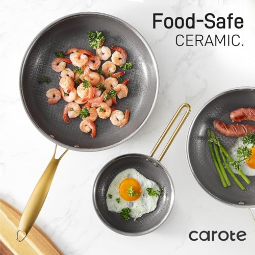 CAROTE Tri-Ply Stainless Steel Cookware Set, 9 Pcs Stainless Steel Pots and Pans Set with Tempered Glass Lids, Stay-Cool Golden Handles, Dishwasher and Oven Safe, California Collection, Cream White