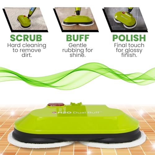 H2O HD Dual Buff Steam Mop, 8 in 1 Handheld Steam Cleaner For Kitchen Tile Floors, Hardwood Floors, Grout Cleaner, Upholstery Cleaner and Carpets, 2 washable scrub pads, 8 cleaning accessories