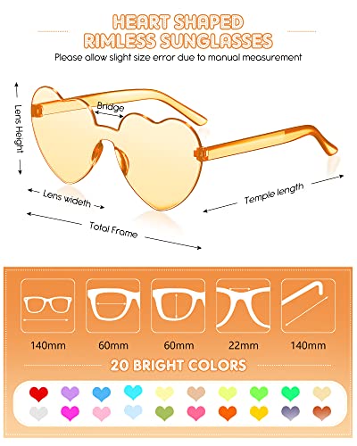 Frienda 20 Pairs Valentine's Day Heart Shaped Sunglasses Rimless Candy Color Glasses for Women Men Party Favor(Blue Pink)
