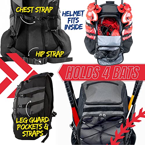 Athletico Dominator Baseball Backpack, Catchers Gear Adult Baseball Bag for 4 Bats, Large Bat Bag for Baseball Equipment, Holds Chest Protector, Helmet, Gloves, Cleats - Black