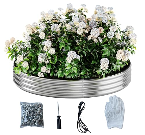 Galvanized Metal Planter Round Raised Garden Bed Kit for Gardening Outdoor，2x2x1ft Planter Grow Garden Box Raised Flower Bed，Round Galvanized Planter Outdoor Metal Fire Pit Ring