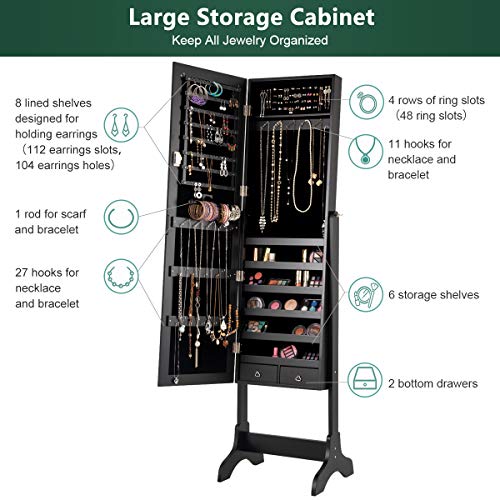 WATERJOY Jewelry Organizer with Full Body Standing Mirror Jewelry Holder Storage 4 Angle Adjustable Lockable Jewelry Cabinet Jewelry Armoire