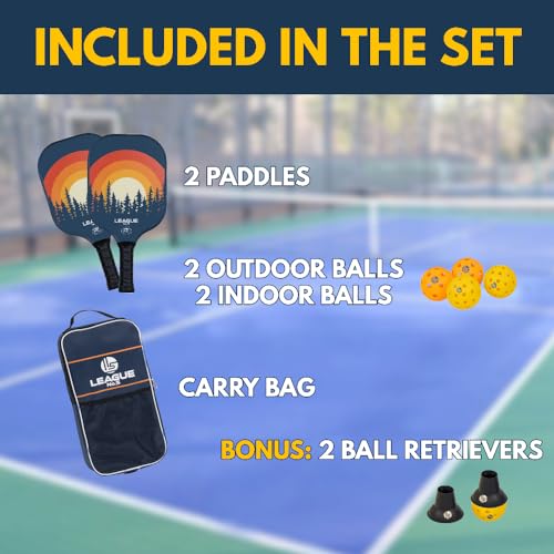 Pickleball Paddles Set of 2 - USAPA Approved Pickle Ball Racket - Indoor Outdoor Game - 4 Balls, Ball Retrievers, Carrying Bag - Court Equipment for Men Women Family - Pro Racquet Sets