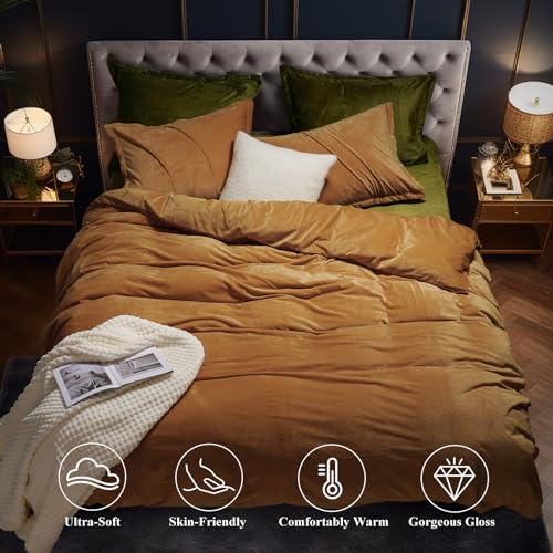 PHF Super Soft Velvet Duvet Cover Queen Size, 3pcs Luxurious Breathable Velour Fluffy Comforter Cover with 8 Ties, Cozy Flannel Duvet Cover with Pillow Shams, Zipper Closure, 90"x90", Camel