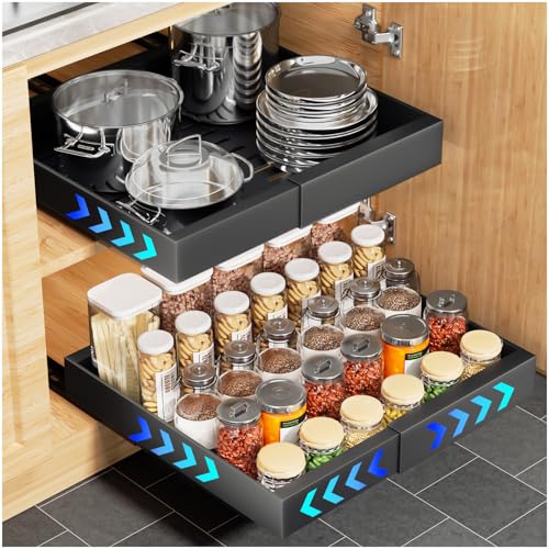 YFXCVSL Pull Out Cabinet Organizer, 1 Pack Expandable(12.6''-20.5'') Pull Out Drawers for Cabinets, Slide Out Cabinet Organizers with Adhesive Nano Film for Kitchen Cabinet Organization (Black)