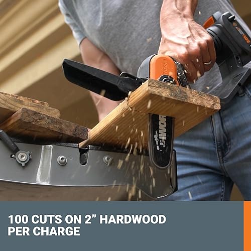 Worx 20V 5" Mini Cordless Chainsaw, 3.9 lbs, 22 ft/s Chain Speed, Power Share Battery, Upper & Hand Guard WG324 - Battery & Charger Included