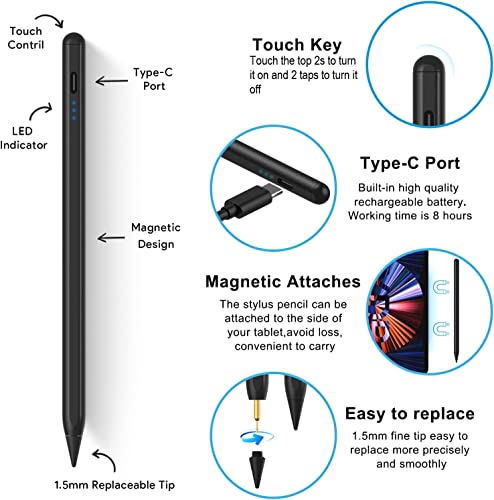 Stylus Pen for iPad with Palm Rejection,5 Extra Tips,Tilt Sensitive for iPad Pencil Compatible (2018-2023) for iPad 10th/9th/8th/7th/6th,Pro 11/12.9 in,for iPad Air 5th/4th/3rd,for iPad Mini 6/5