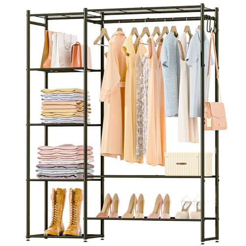 Wardrobe Closet, Portable Clothing Rack for Hanging Clothes, Free Standing Closet Organizers and Storage System with 4 Tiers Shelves for Cloakroom Bedroom, Black