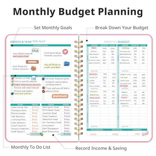 Budget Planner - Monthly Budget Book 2024 with Expense & Bill Tracker - Undated 12 Month Financial Planner/Account Book to Take Control of Your Money - Pink