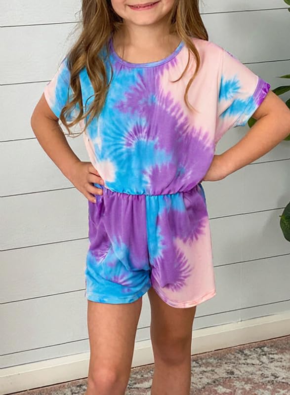 Dokotoo Loose Girl Crew Neck Tie Dye Print Romper Jumpsuit Summer Short Sleeve Outfits Set Size 4-5 Purple