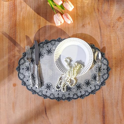 ARTBLOSS Placemats, Lace Place Mats Macrame Oval Embroidered Farmhouse Fabric Rustic Decorative Placemat 12 x 18 Inch Doilies for Kitchen Dining Wedding Fall Outdoor Indoor (Black, 2 Packs)