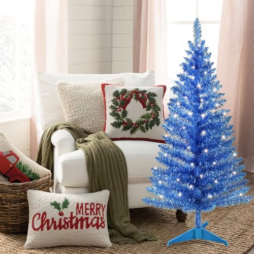 4ft Lighted Artificial Blue Christmas Tree | Leeheeyee Small Xmas Tree, Not Pre-lit Blue Tinsel Pine Trees with Lights, Ideal for Home, Office, and Xmas Party Décor