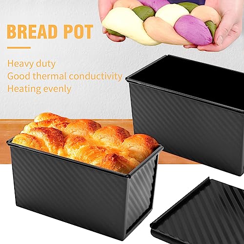 DUZFOREI 2pcs Loaf Pan with Lid,1lb Non-Stick Bread Pan,Bakeware Durable Carbon Steel Bread Toast Mold, Carbon Steel Corrugated Bread Toast Box for Bakeware,Homemade Cakes, Baking Breads and Meatloaf