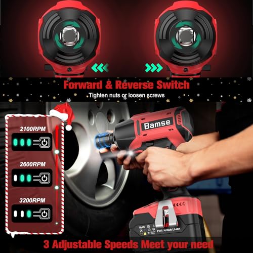 Cordless Impact Wrench 1/2'', Bamse Brushless Power Impact Gun with 2 Batteries, 3200RPM & Max Torque 480 Ft-lbs (650N.m) with 4 Impact Sockets, Electric Impact Driver for Car and Home