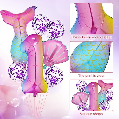 7pcs Mermaid 1st Birthday Decoration, Mermaid 1st Balloons Mermaid Theme Party Supplies Mermaid Tail Balloons Seashell Balloons 1st Birthday Balloons Mermaid Tail Sea Shell Foil Balloons for Girls