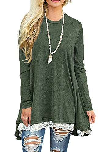 Afibi Women Lace Long Sleeve A-line Swing T-shirt Loose Tunic Top Blouse (Medium, Purple)