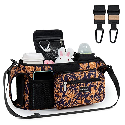 TOPDesign Universal Baby Stroller Organizer, Stroller Caddy with Detachable Mesh Bag & Heightened Insulated Cup Holders & Non-Slip Secure Hooks Accessories, Fits Most Strollers (Five Petal Flower)