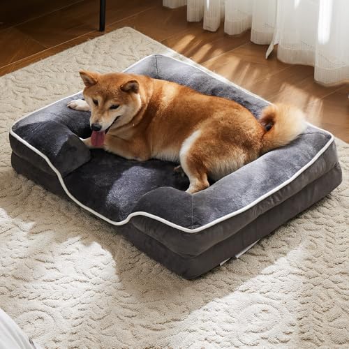 Sweetcrispy Orthopedic Dog Bed, Memory Foam Pet Bed for Medium Dogs with Washable Removable Cover Non-Slip Base Waterproof Liner Egg Crate Foam for Improved Sleep, Grey, 28" L x 23" W x 6.5" Th