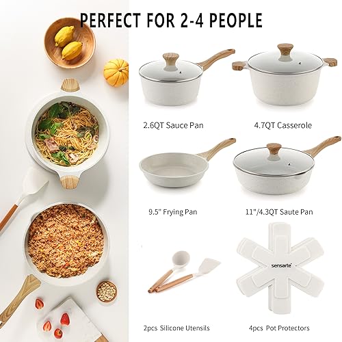 SENSARTE Nonstick Ceramic Cookware Set 13-Piece, Healthy Pots and Pans Set, Non-toxic Kitchen Cooking Set with Stay-Cool Handles, Silicone Tools and Pot Protectors, PFAS and PFOA Free