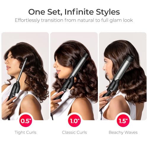 TYMO Curling Iron Set - 3 in 1 Ceramic Hair Curler 1/2, 1, 1 1/2 Inch, Professional Ionic Curling Wand for Travel, Fast Heating, 5 Temps & Dual Voltage for Shiny Defined Curls to Beach Waves