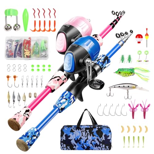 Gamashino Kids Fishing Pole Set - 2Pack Rod and Reel Combo Kit with Tackle Box Fishing Line for Children Beginner (Blue+Pink,4.92)