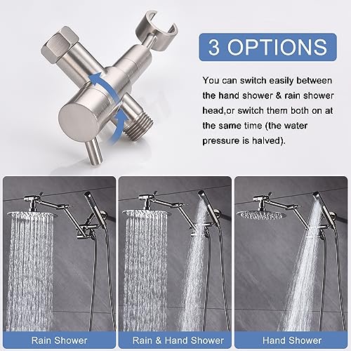 Rain Shower Head With Handheld Combo Set, Bathroom Shower System with Rough-in Valve, With Adjustable Extension Arm & 3-Way Diverter & Wall Mounted Shower Fixtures (8"round, Brushed Nickel)