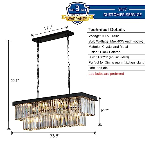 Weesalife Crystal Chandeliers for Dining Room 11-Light Black Modern Chandelier Rectangle Contemporary Pendant Light Fixture for Kitchen Island Bar