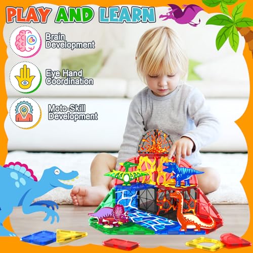 Dinosaur Toys Magnetic Tiles Lava Dinosaur World Set - Kids Games for 3+ Year Old Boys & Girls, Magnetic Blocks for Kids Ages 3-4 5-7 8-13 STEM Preschool Learning Montessori Toddler Toys