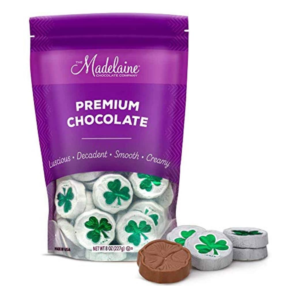 Madelaine St. Patrick's Day Solid Premium Milk Chocolate Shamrocks - ½ LB Bag Individually Wrapped Chocolate Pieces in Matte White Foil with Green Shamrock - St. Patrick's Day Treats for Everyone