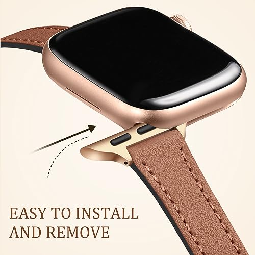 Charlam Slim Leather Band Compatible with Apple Watch Band 40mm 38mm 41mm 42mm 44mm 45mm 46mm Women,Top Grain Genuine Leather Strap Thin Wristband for iWatch Series 10 9 8 7 6 5 4 3 2 1 SE Ultra,Camel