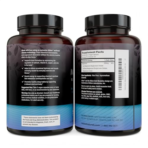 Nested Naturals Magnesium Glycinate Chelate - Magnesium Supplement for Muscle Cramps, Relaxation, & Sleep Support - 100% Chelated Albion TRACCS Buffered Magnesium Glycinate 200mg - 120 Vegan Capsules