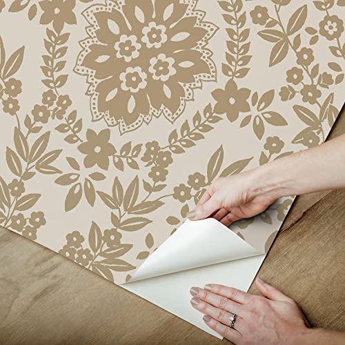 RoomMates RMK12572PL Taupe and Gold Boho Baroque Damask Peel and Stick Wallpaper, Neutral