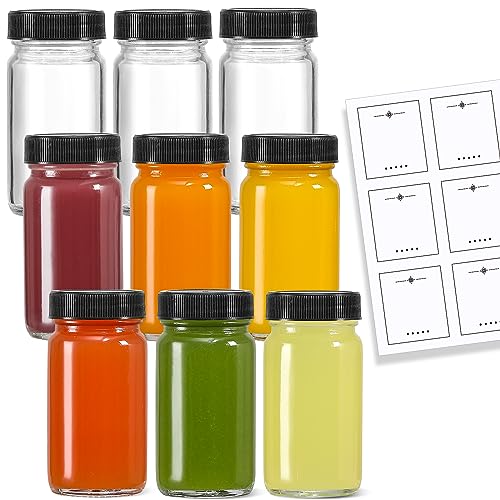 9 Pack, 2 oz Glass Shot Bottles w/ Black Lids & 9 Labels - Small Clear Jar for Ginger, Wellness Shot, Juice, Sample, Whiskey - Travel Essentials Mini Bottles - Wide Mouth, Leakproof, Dishwasher Safe