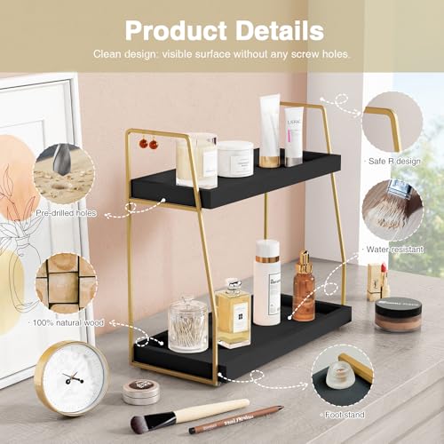 Forbena Black and Gold Bathroom Organizer Countertop, 2 Tier Counter Organizer for Bathroom Decor, Modern Sink Organizer Shelf for Vanity Storage, Organizer Tray for Makeup Bedroom