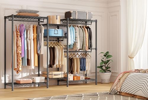 Raybee Clothes Rack Heavy Duty Clothing Racks for Hanging Clothes Adjustable Clothing Rack Portable Clothes Racks for Hanging Clothes Wire Garment Rack Wardrobe Closet Black 13.9" D x 70.6" W x 77" H