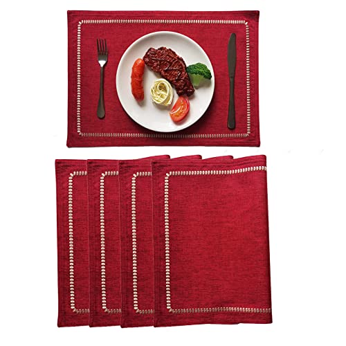 Cloth Placemats Set of 4 for Dining Table, Fabric Placemats with Embroidery, Table Mats for Dining Table 12"x18" (Black, 4 pcs)
