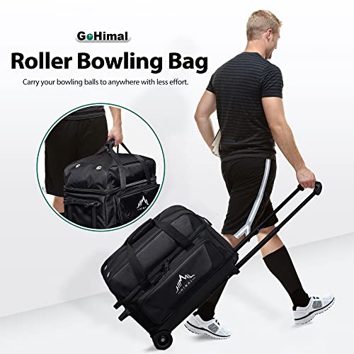 GoHimal Double Roller 2 Ball Bowling Bag with Separate Shoe Compartment for Bowling Shoes (Up To US Mens Size 15) and Oversized Accessory Pocket, Retractable Handle - Extends to 40" (Black)