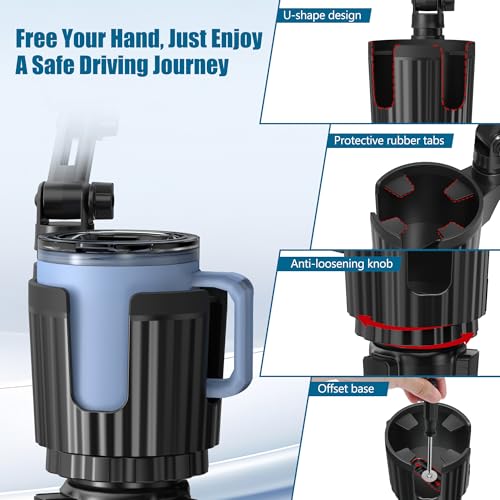 Cup Holder Phone Mount for Car, Car Cup Holder Phone Holder with Expandable Base, 2 in 1 Cup Phone Holder Adapter for Car, 360 Degree Rotating Neck, Fits All 4-7” Smartphones and Most Bottles